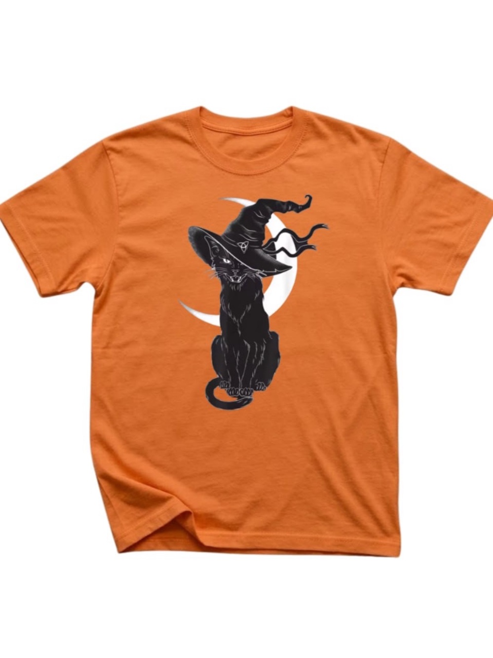 Orange Tee with Black Witch Cat & Moon Graphic